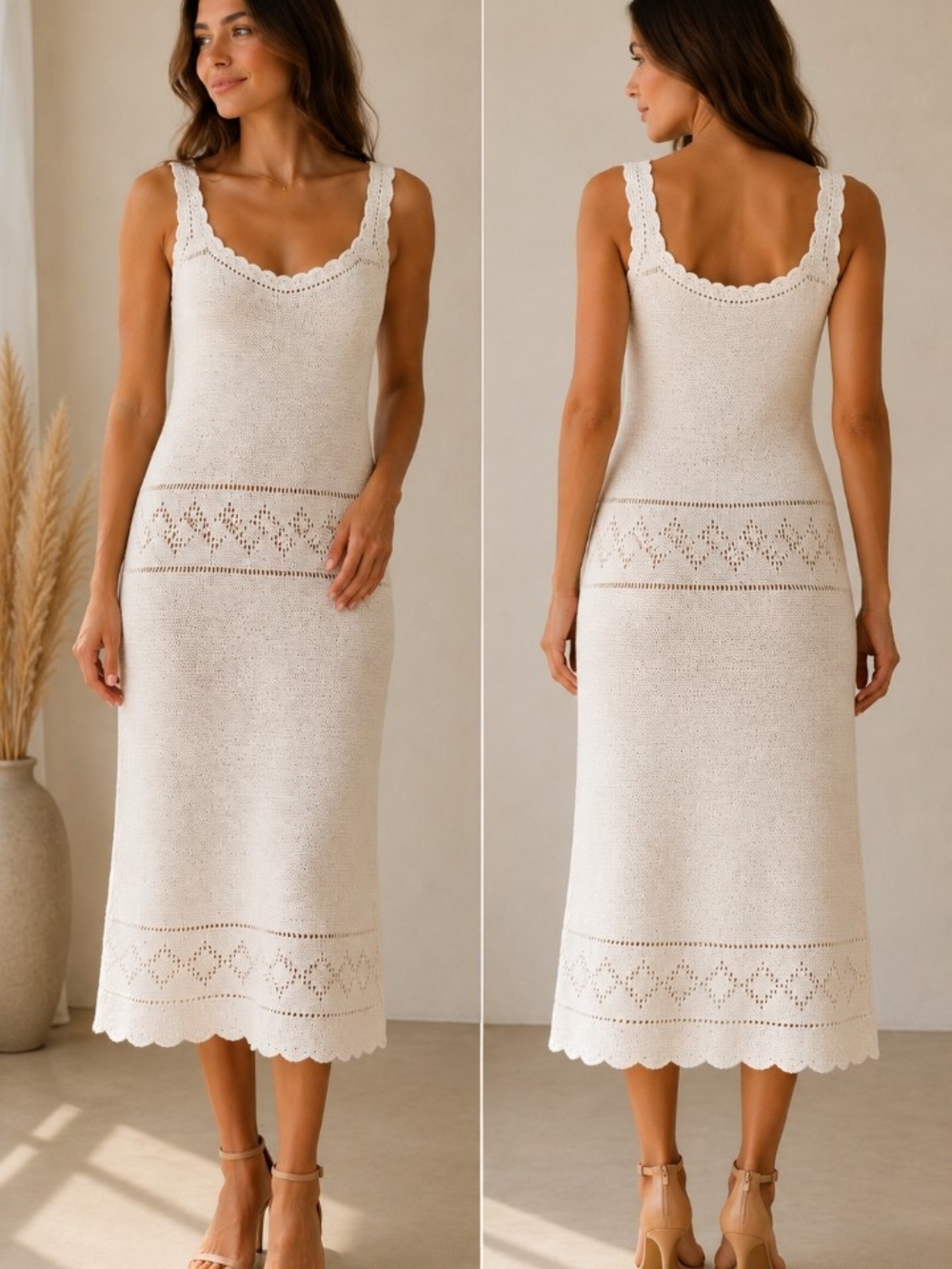 Ivory Crochet Knit Midi Dress